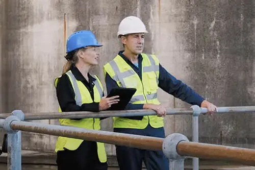 Two workers in safety gear standing at a railing