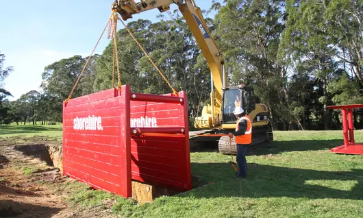 Steel shoring box being installed