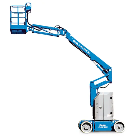 Side view of a blue Genie articulating boom lift with basket elevated.